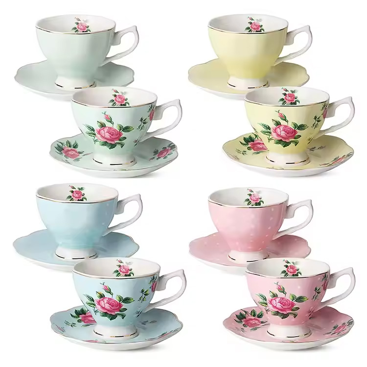 Os China China Latte Floral Latte Multi-Color Ceai și seturi de farfurii
