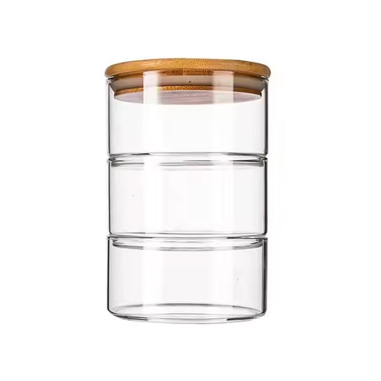 Borcan de depozitare din sticlă stivuibilă cu borosilic handmade din sticlă borosilicată